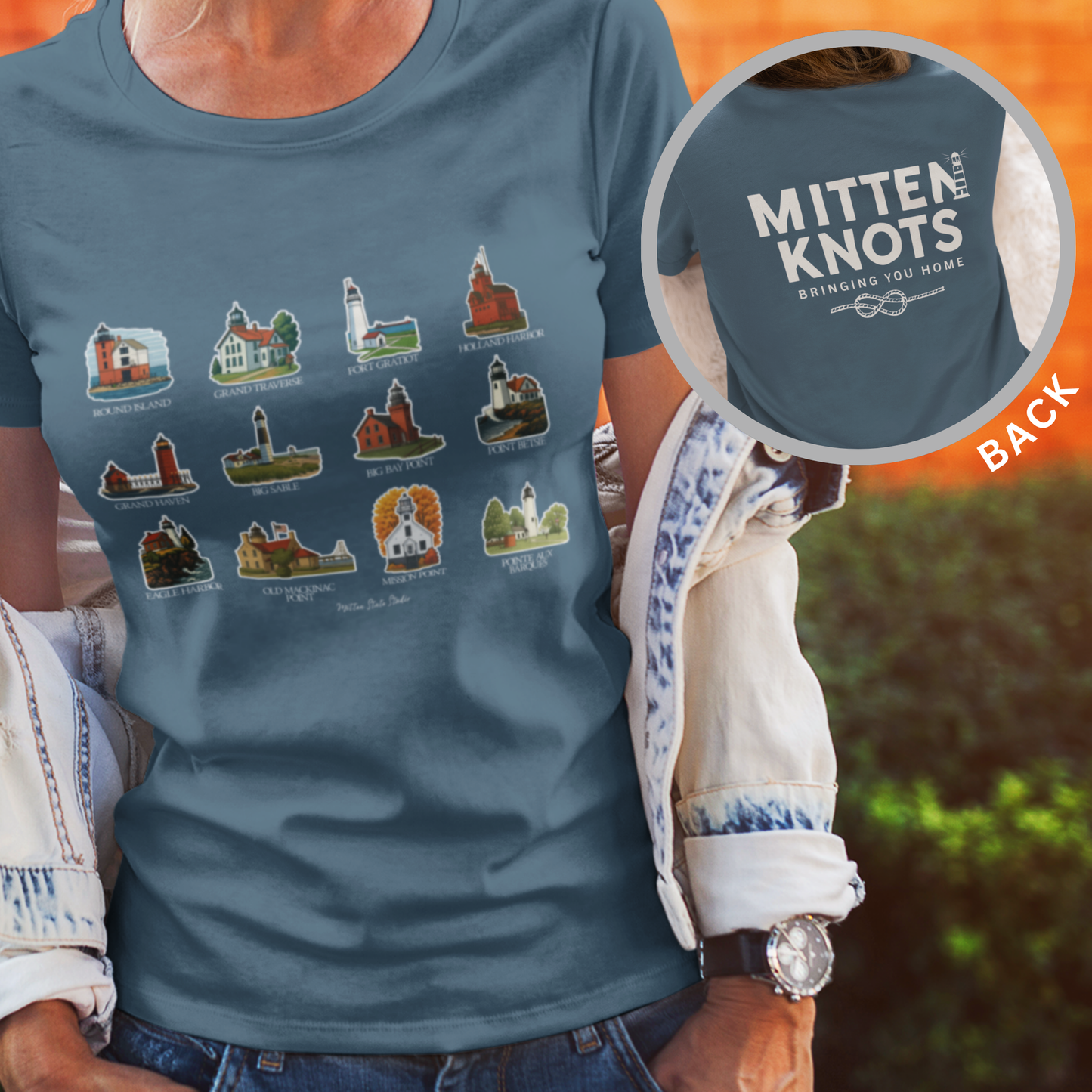 Front Print Option: Mitten Knots™ Lighthouses T-Shirt