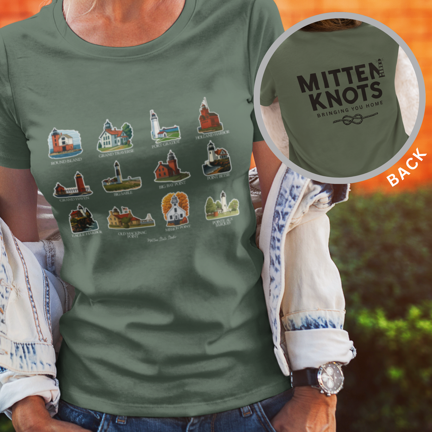 Front Print Option: Mitten Knots™ Lighthouses T-Shirt
