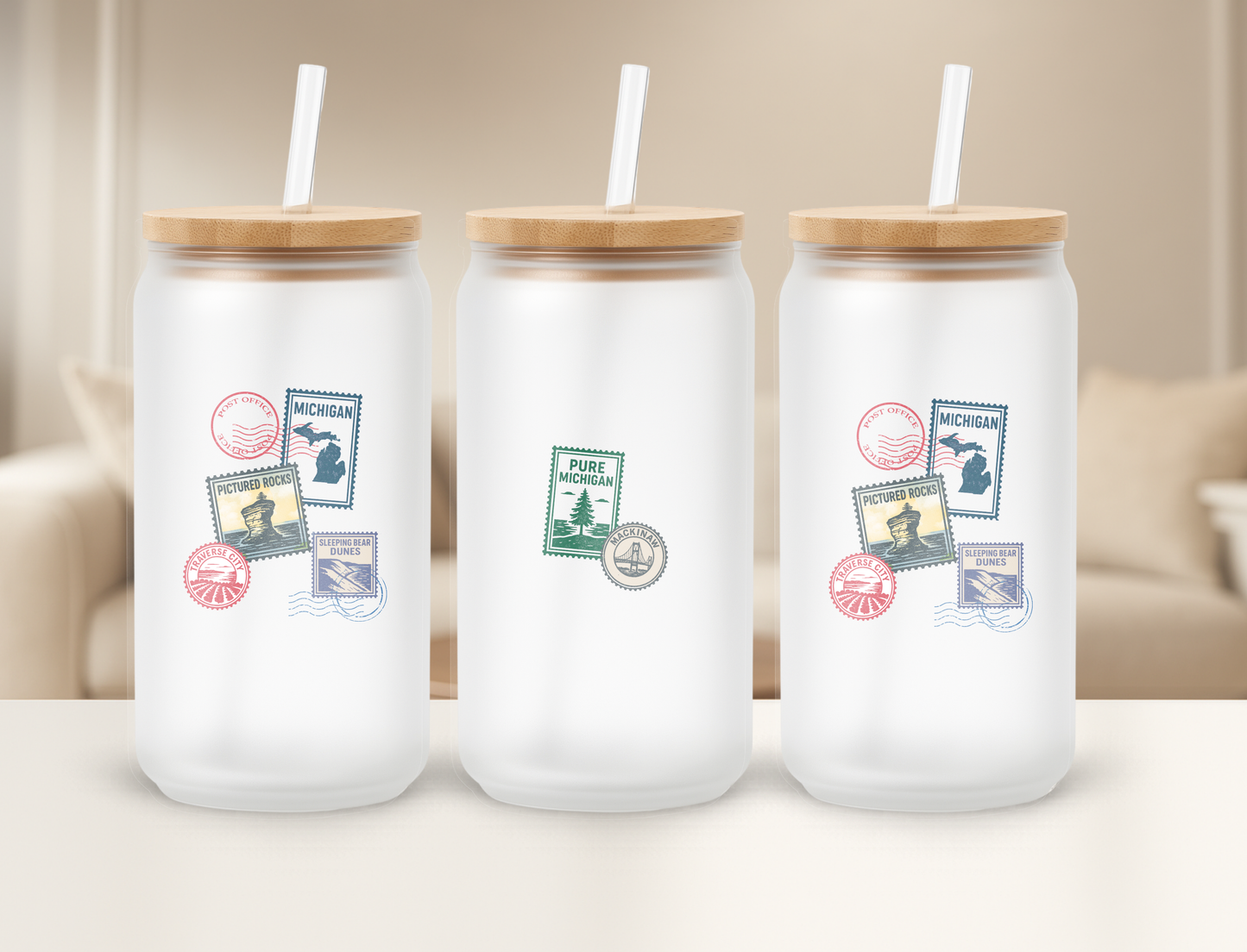Michigan Vintage Postage Stamps Frosted 16oz Sipper Tumbler Glass Can Bamboo Lid (Copy)