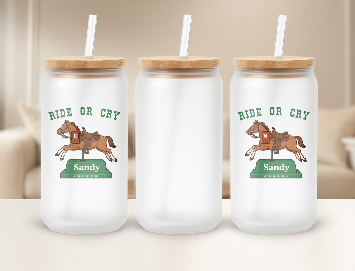 Sandy Meijer Penny Horse Frosted 16oz Sipper Tumbler Glass Can Bamboo Lid