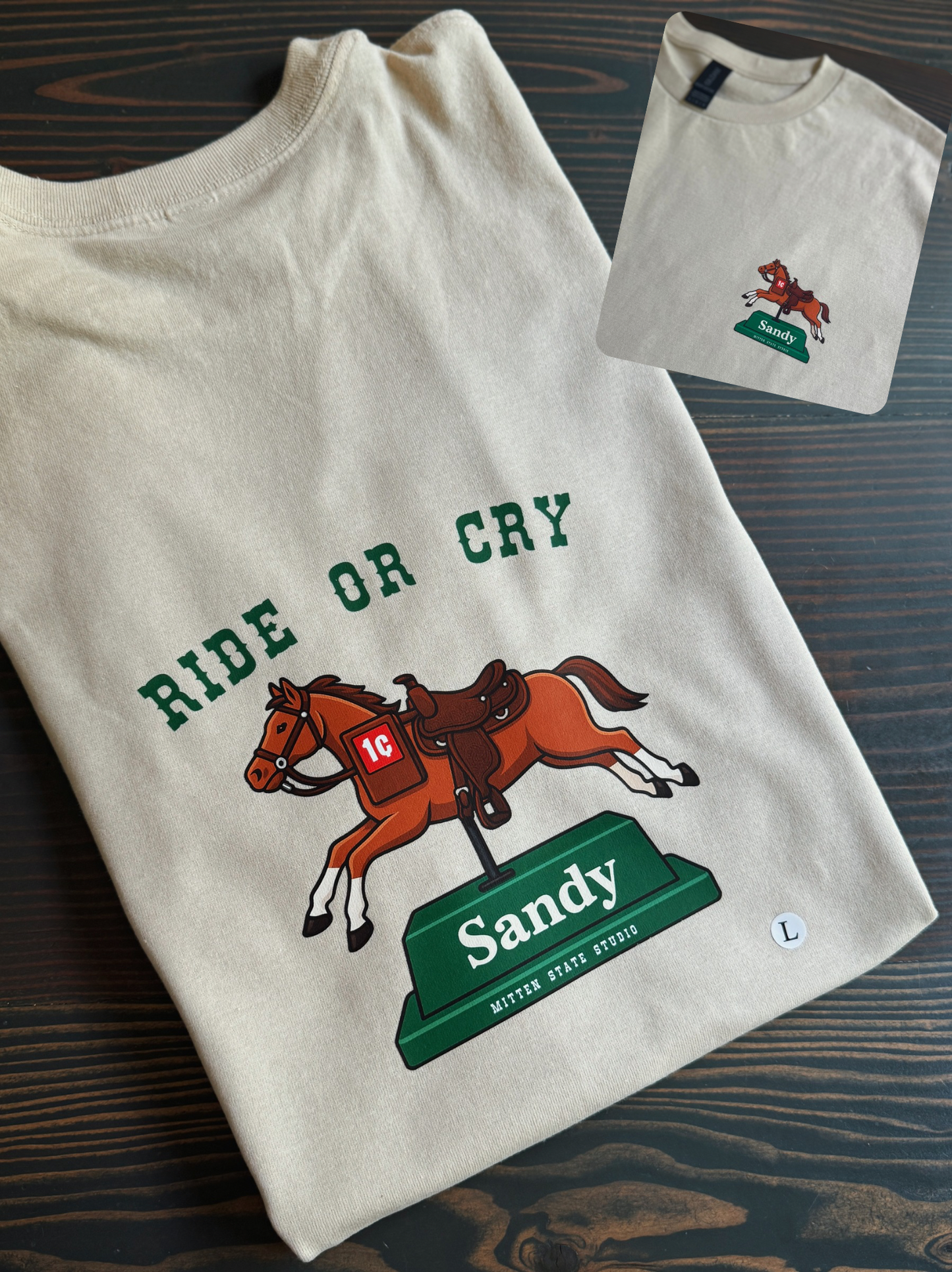 Ride or Cry – Sandy the Meijer Penny Horse Novelty Unisex Tee