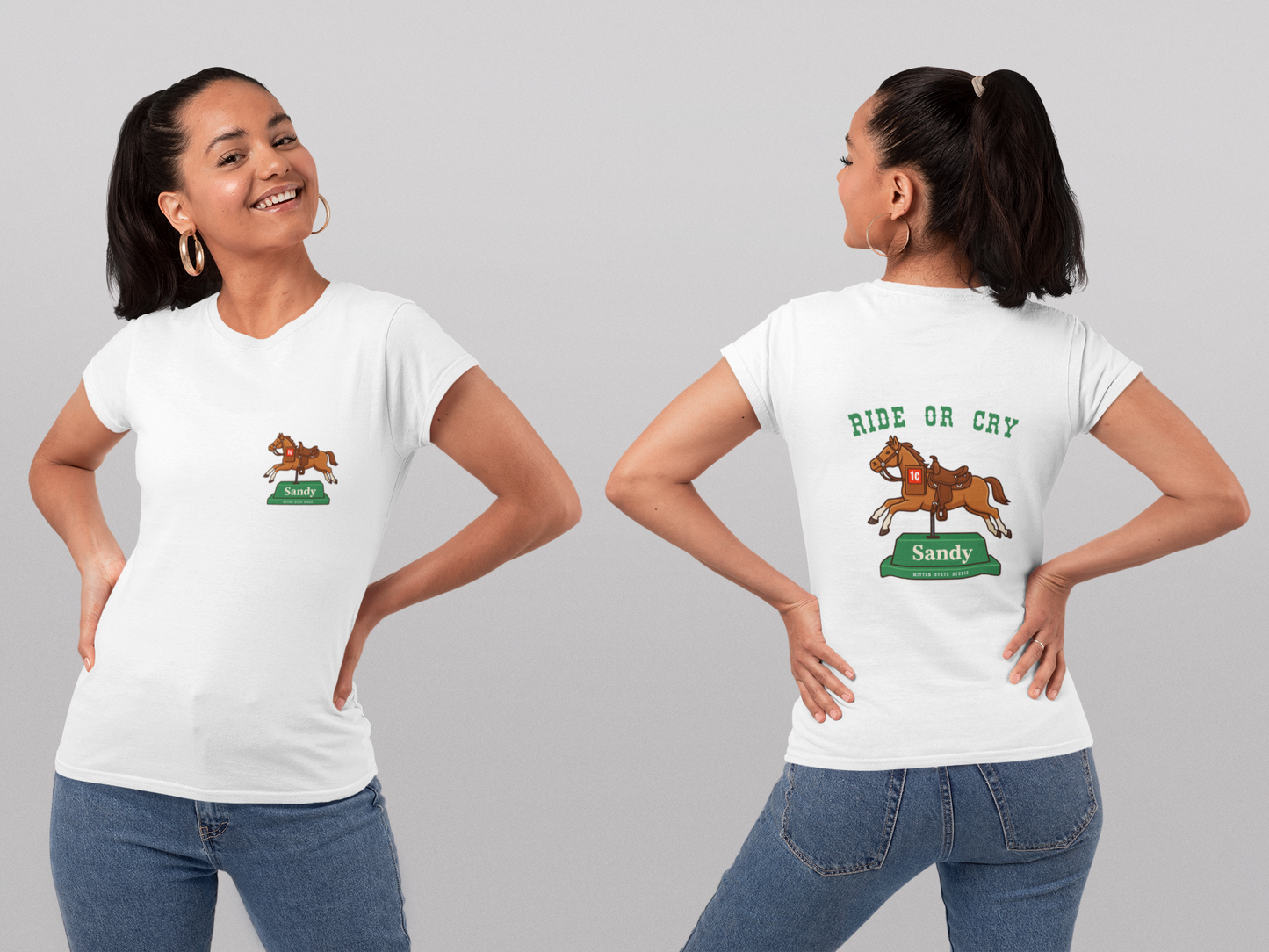 Ride or Cry – Sandy the Meijer Penny Horse Novelty Unisex Tee