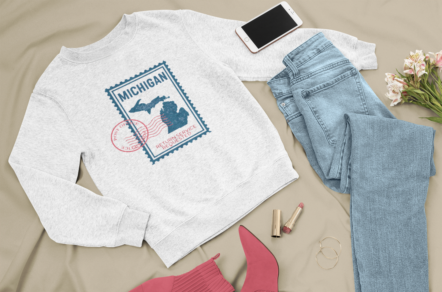 Michigan Stamp Return Service Requested Unisex Crewneck No Hood Sweatshirt