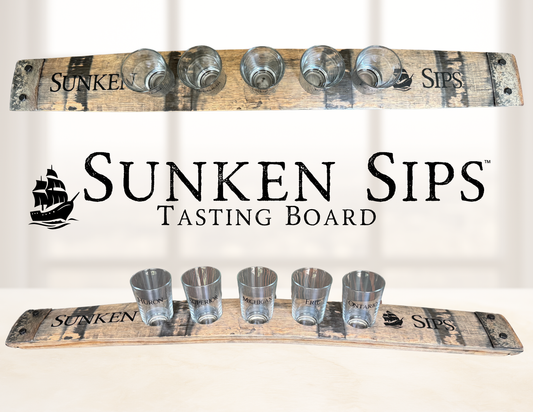 Sunken Sips Bourbon Barrel Tasting Board 5 Glasses