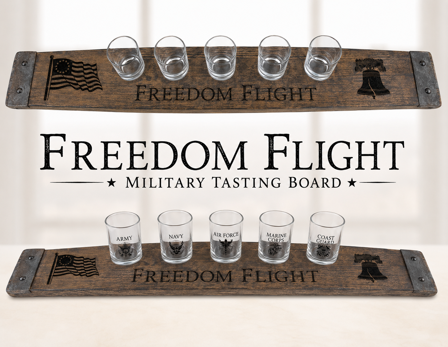 Freedom Flight Bourbon Barrel Tasting Board 5 Glasses