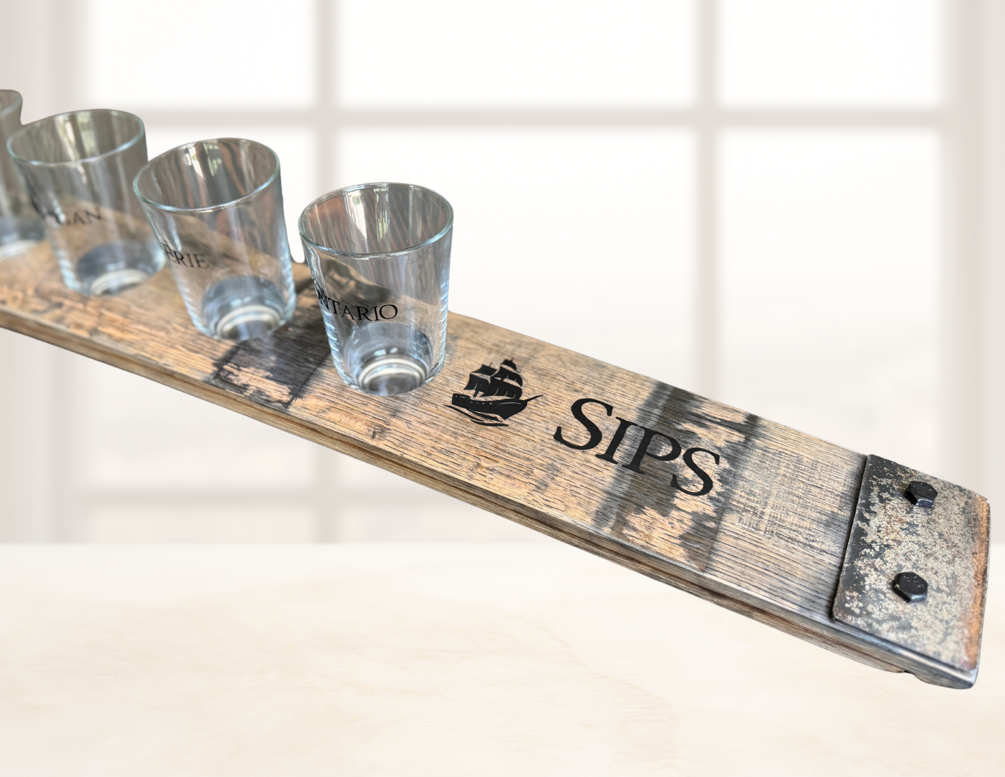 Sunken Sips Bourbon Barrel Tasting Board 5 Glasses