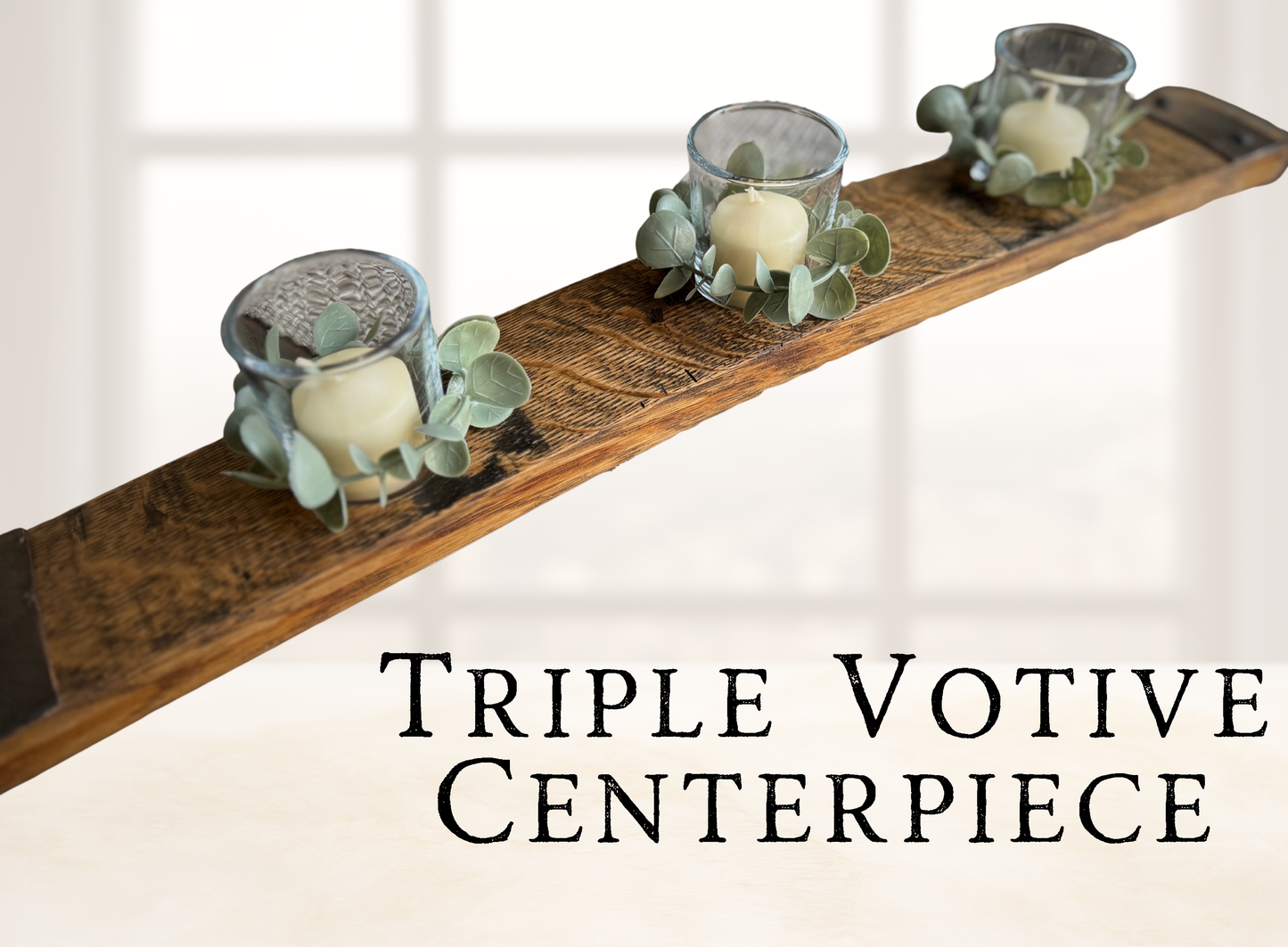 Authentic Bourbon Barrel Stave Centerpiece - Triple Votive Candle Holder