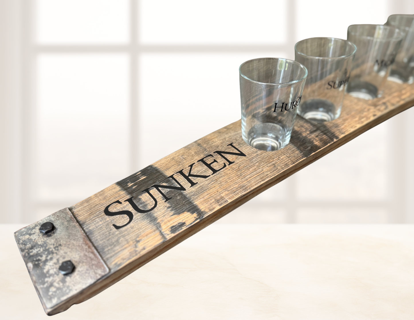 Sunken Sips Bourbon Barrel Tasting Board 5 Glasses