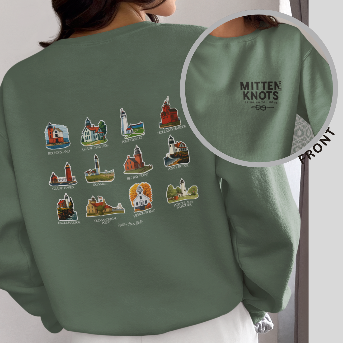 Mitten Knots™ Michigan Lighthouses Unisex Crewneck No Hood Sweatshirt