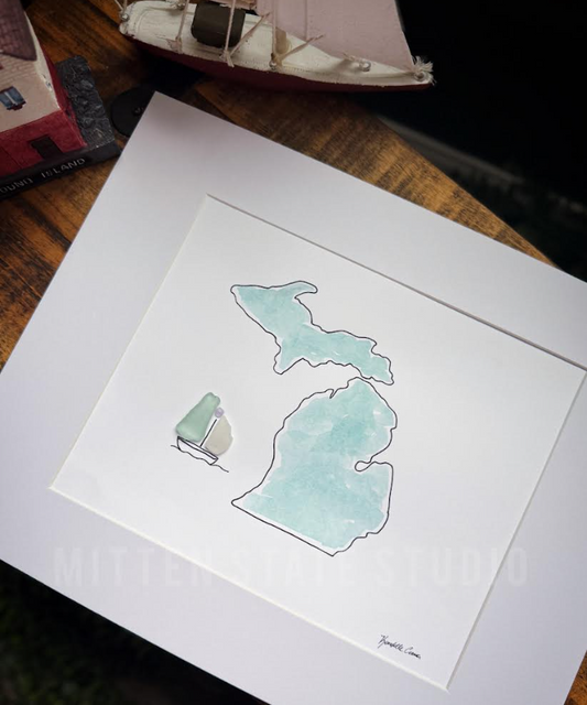 Handpainted Michigan Beach Glass Art – 8x10 in 11x14 Mat