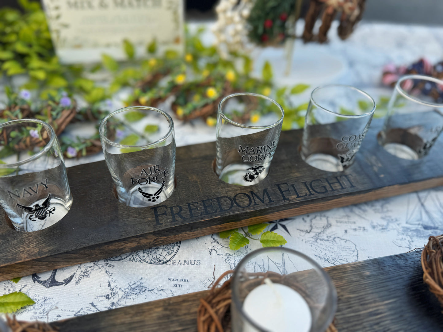 Freedom Flight Bourbon Barrel Tasting Board 5 Glasses