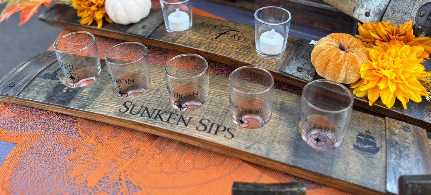 Sunken Sips Bourbon Barrel Tasting Board 5 Glasses