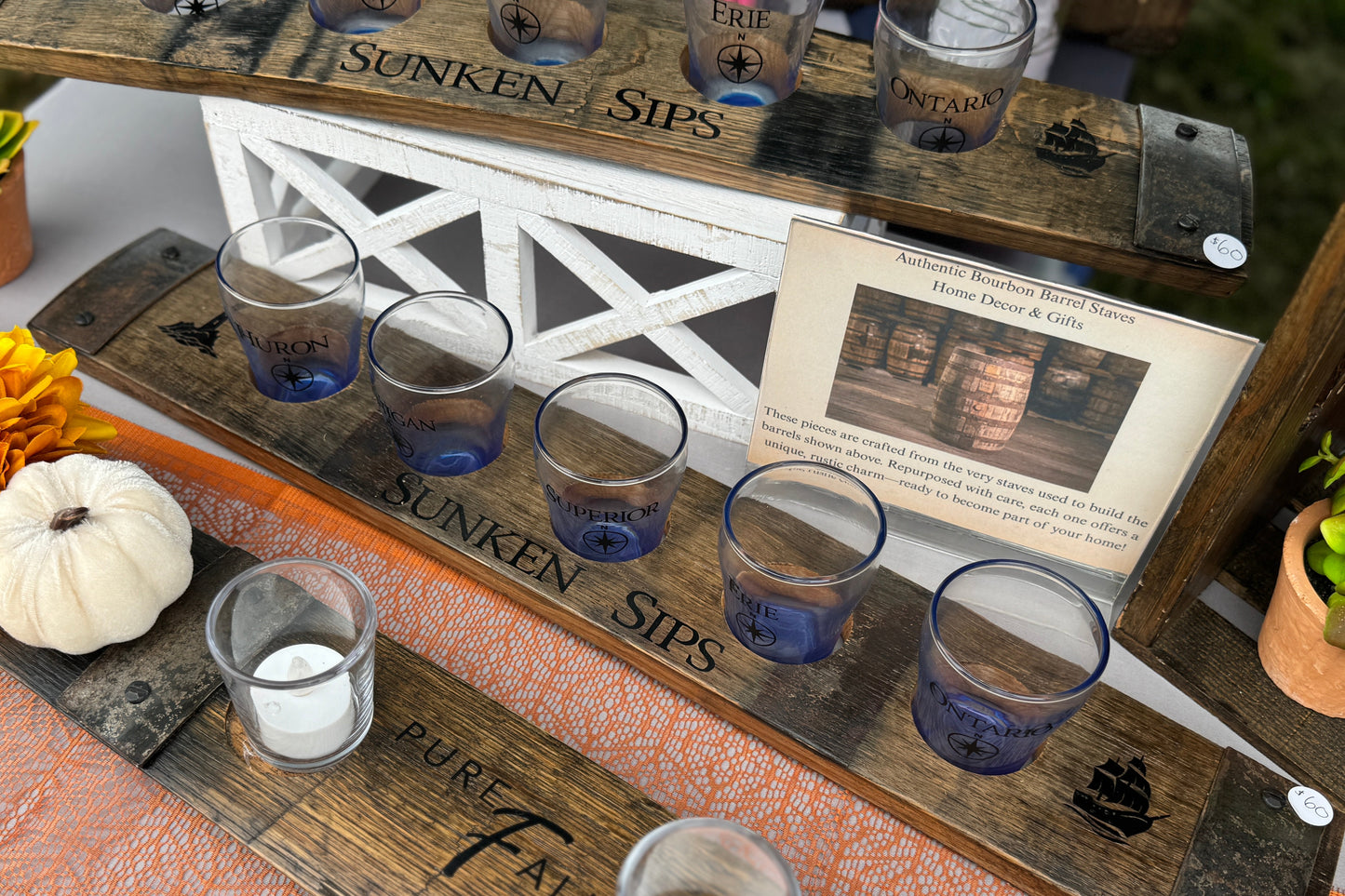 Sunken Sips Bourbon Barrel Tasting Board 5 Glasses