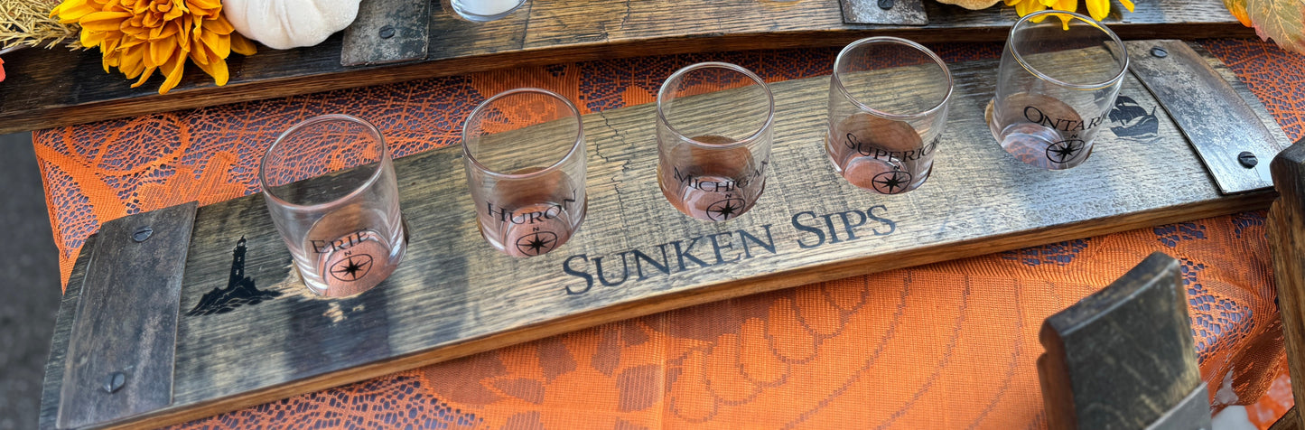 Sunken Sips Bourbon Barrel Tasting Board 5 Glasses