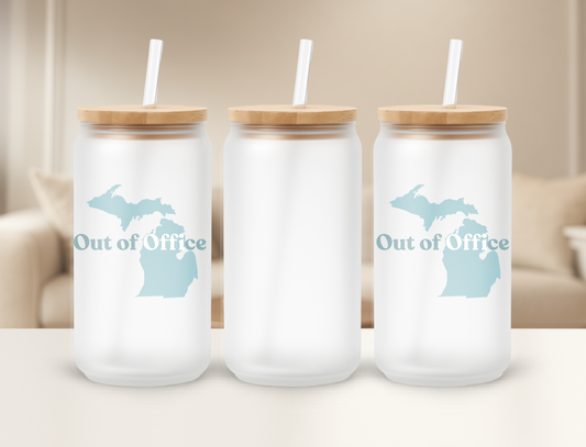 Out of Office Michigan Frosted 16oz Sipper Tumbler Glass Can Bamboo Lid