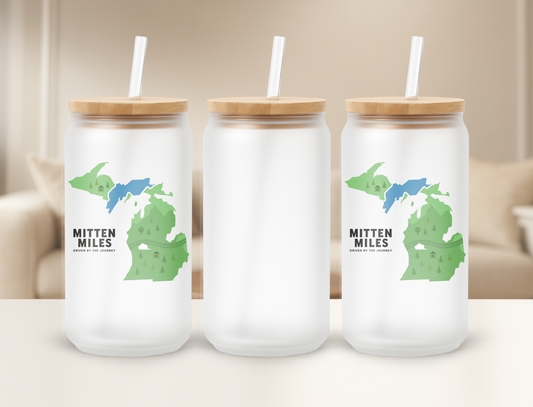 Mitten Miles Michigan State Frosted 16oz Sipper Tumbler Glass Can Bamboo Lid