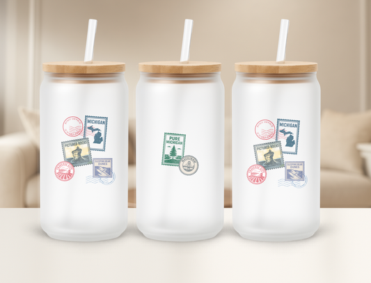Michigan Vintage Postage Stamps Frosted 16oz Sipper Tumbler Glass Can Bamboo Lid (Copy)
