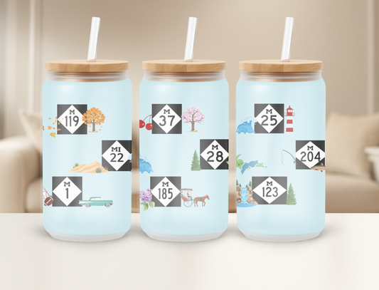 Mitten Miles M-Roads Frosted 16oz Sipper Tumbler Glass Can Bamboo Lid
