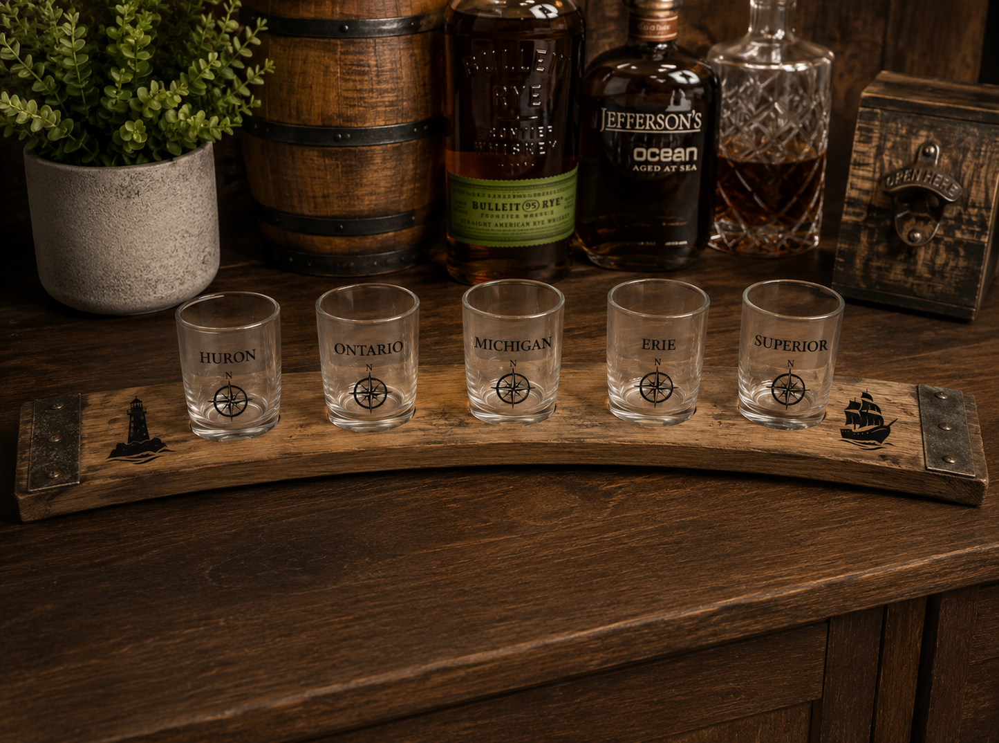 Sunken Sips Bourbon Barrel Tasting Board 5 Glasses