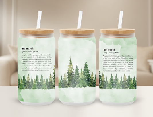Up North Dictionary Style Frosted 16oz Sipper Tumbler Glass Can Bamboo Lid