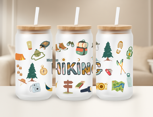 Michigan Hiking Frosted 16oz Sipper Tumbler Glass Can Bamboo Lid