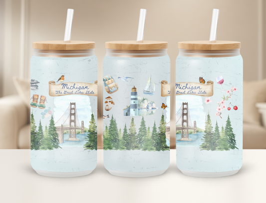 All Things Michigan Frosted 16oz Sipper Tumbler Glass Can Bamboo Lid