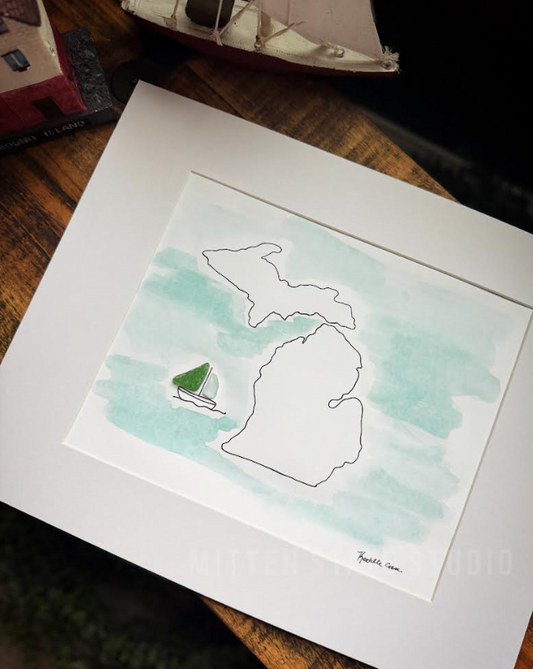 Handpainted Michigan Beach Glass Art – 8x10 in 11x14 Mat