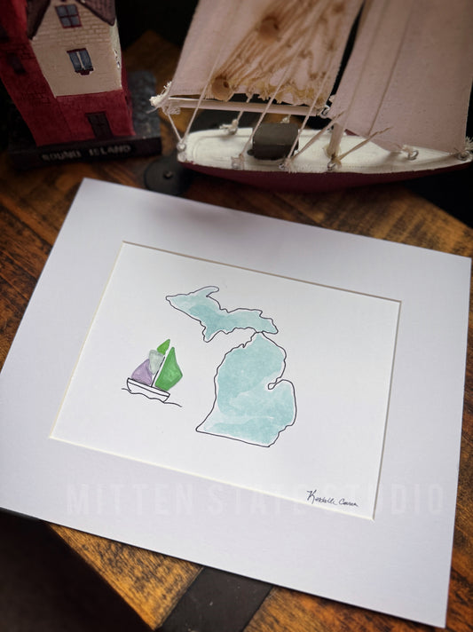 Handpainted Michigan Beach Glass Art – 5x7 in 8x10 Mat