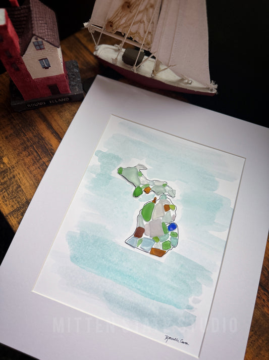Premium Handpainted Michigan Beach Glass Art – 8x10 in 11x14 Mat